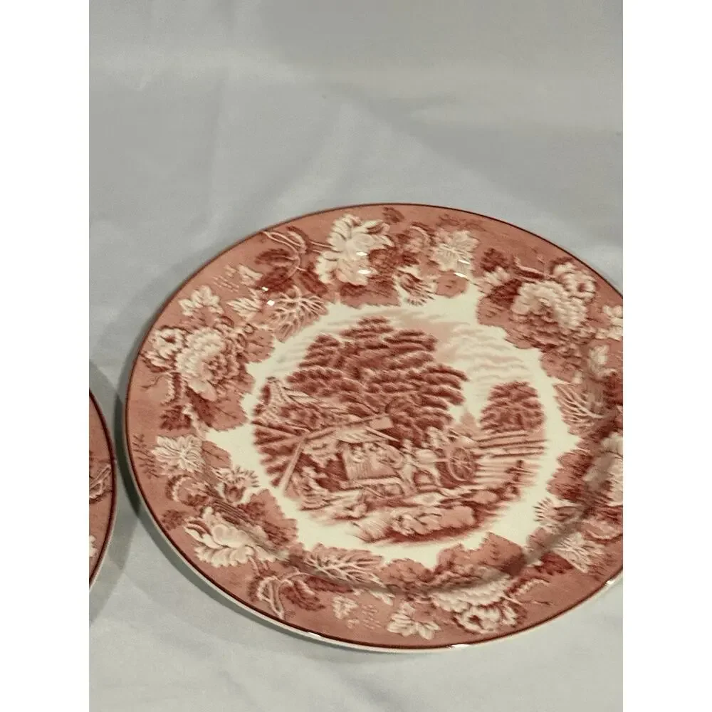2 Vintage Woods & Sons English Scenery Red Transferware Oval Serving Plates